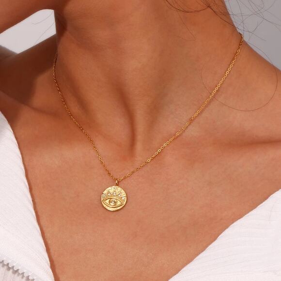 Evil Eye 18K Gold Plated Stainless Steel Coin Zircon Pendant Necklace Protection - Picture 4 of 10
